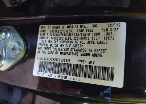 2015 Honda Crosstour Ex-L V6 z USA, uszkodzony, nr VIN 5J6TF2H5XFL002945